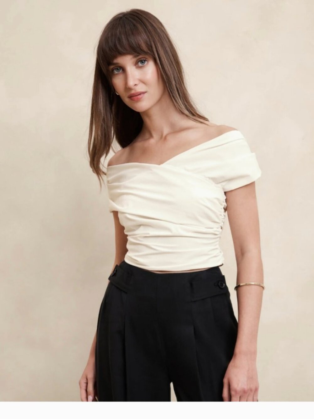 Ivory Banana Republic Taffeta Wrap Bardot Off the Shoulder Top 0